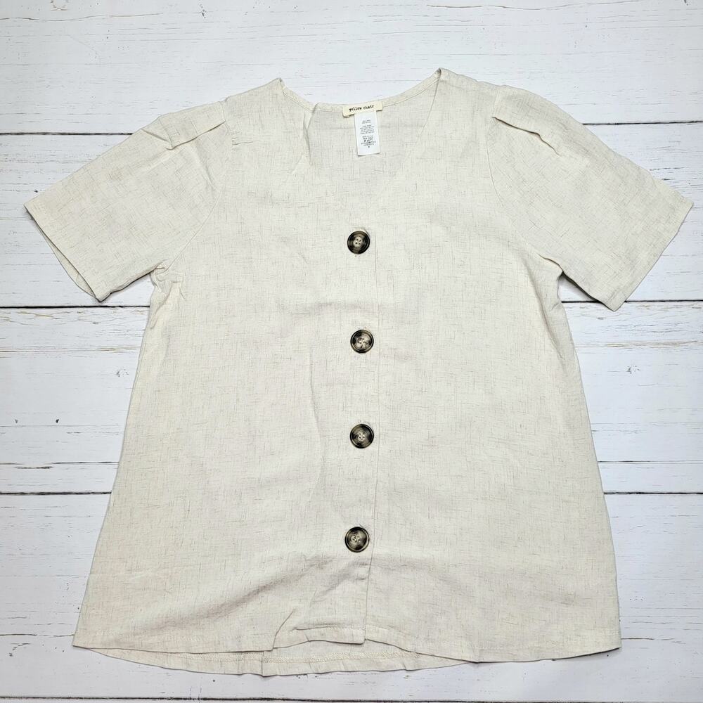 Yellow Chair Linen Blend Button Down Short Puff Sleeve Top Tan Beige New Small